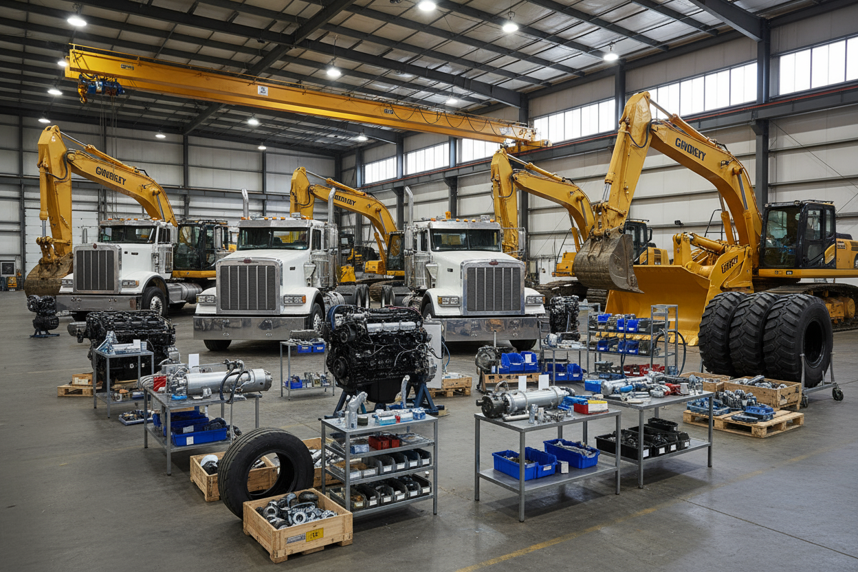 trucks and heavy equipment with parts 